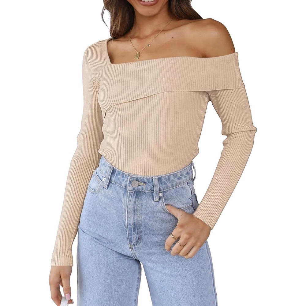Women Beige Asymmetrical Off Shoulder Ribbed Sweater Small Long Sleeve Top